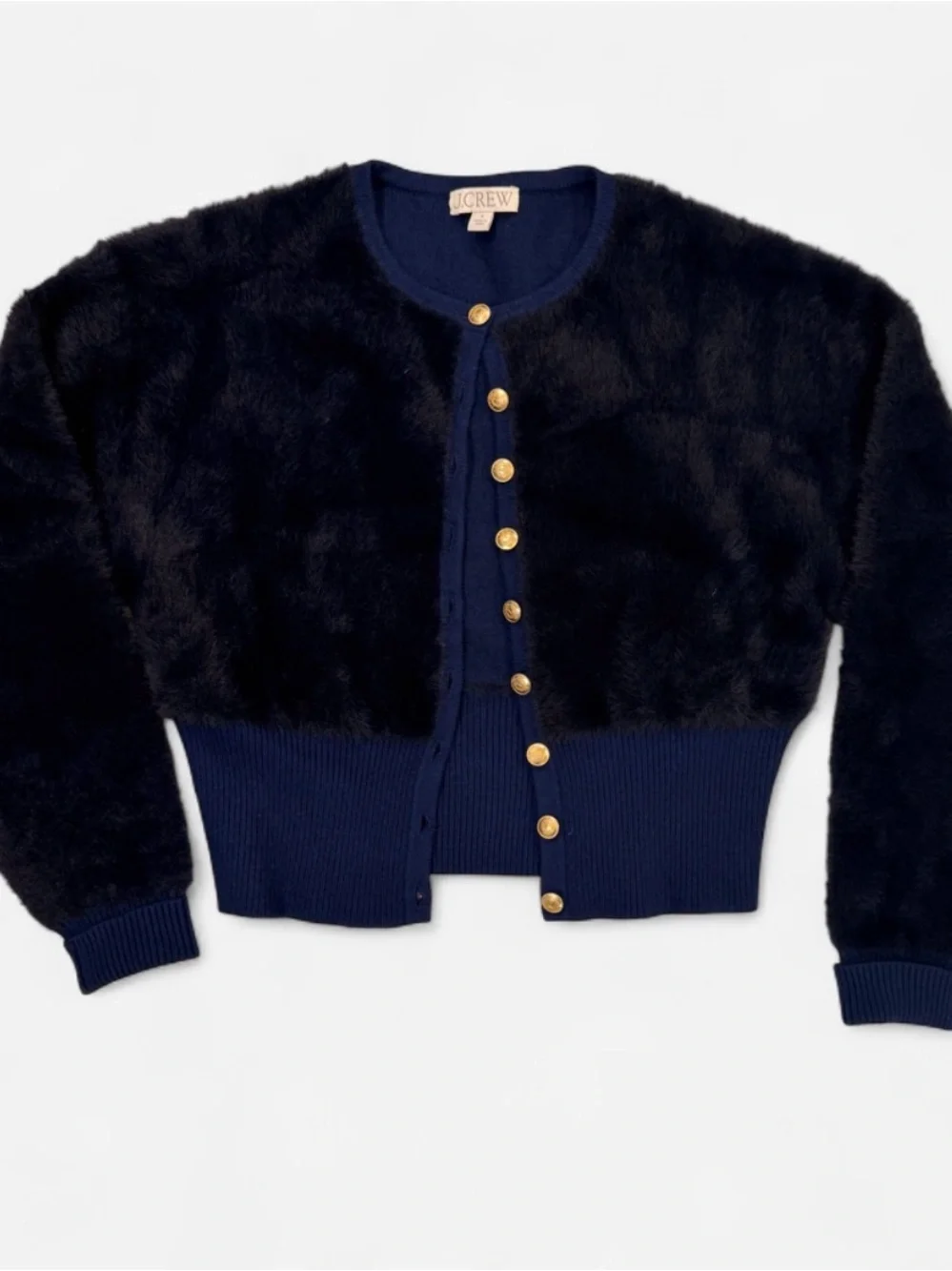 J.Crew $178 Fitted-Waist Fuzzy Yarn Cardigan Navy Gold Buttons Size S
